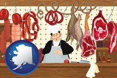 alaska map icon and meats in a butcher shop