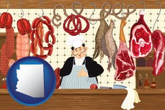 arizona map icon and meats in a butcher shop