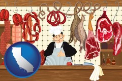 california map icon and meats in a butcher shop