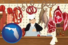 florida map icon and meats in a butcher shop