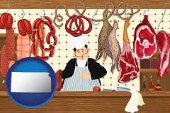 kansas map icon and meats in a butcher shop