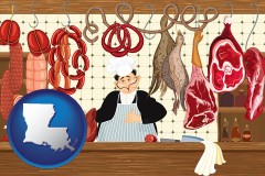 louisiana map icon and meats in a butcher shop