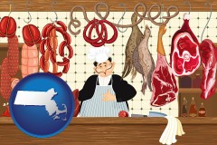 massachusetts map icon and meats in a butcher shop