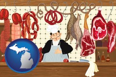 michigan map icon and meats in a butcher shop