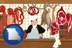 missouri map icon and meats in a butcher shop