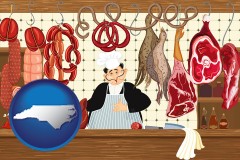 north-carolina map icon and meats in a butcher shop