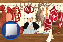 new-mexico map icon and meats in a butcher shop