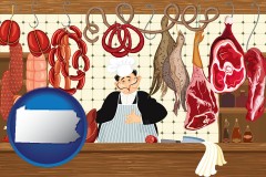 pennsylvania map icon and meats in a butcher shop