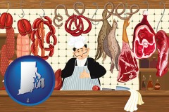 rhode-island map icon and meats in a butcher shop