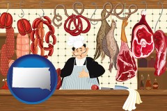south-dakota map icon and meats in a butcher shop