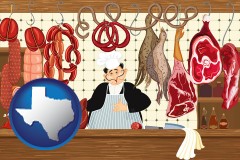 texas map icon and meats in a butcher shop