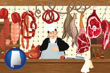 meats in a butcher shop - with Alabama icon