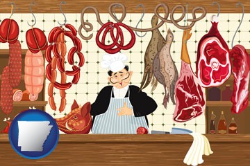 meats in a butcher shop - with Arkansas icon