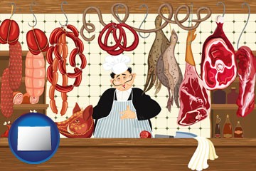 meats in a butcher shop - with Colorado icon