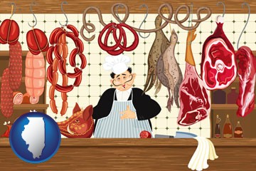 meats in a butcher shop - with Illinois icon