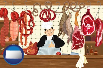 meats in a butcher shop - with Kansas icon