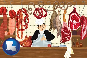 meats in a butcher shop - with Louisiana icon
