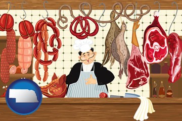 meats in a butcher shop - with Nebraska icon