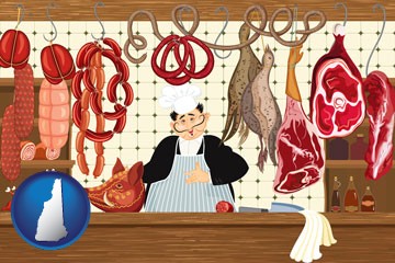 meats in a butcher shop - with New Hampshire icon