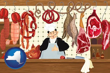 meats in a butcher shop - with New York icon