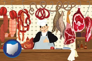 meats in a butcher shop - with Ohio icon