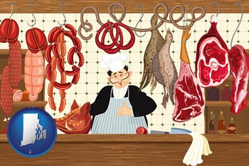meats in a butcher shop - with Rhode Island icon