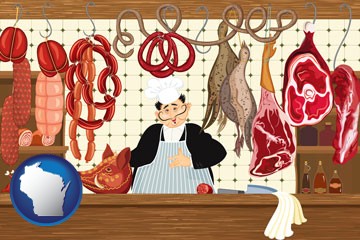 meats in a butcher shop - with Wisconsin icon